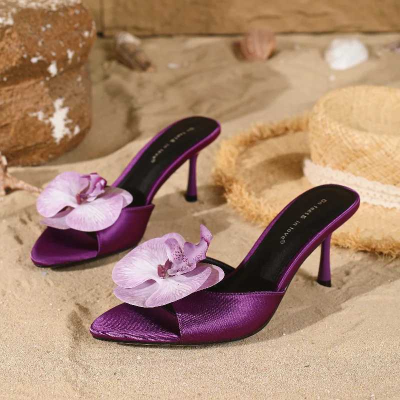 Flower Decoration High Heel Mules Women Fashion Pointed Open Toe Heeled Sandals Elegant Banquet Stiletto Shoes K260311