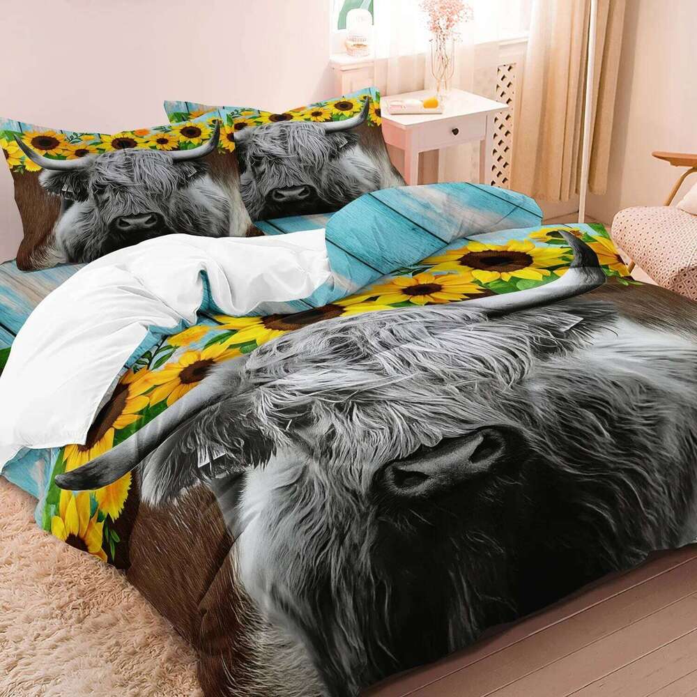 3pcs Highland Cow Pattern Set Fabric With Digital Animal Print 1 Duvet Cover And 2 Pillowcases No Quilt H260311 - view 4