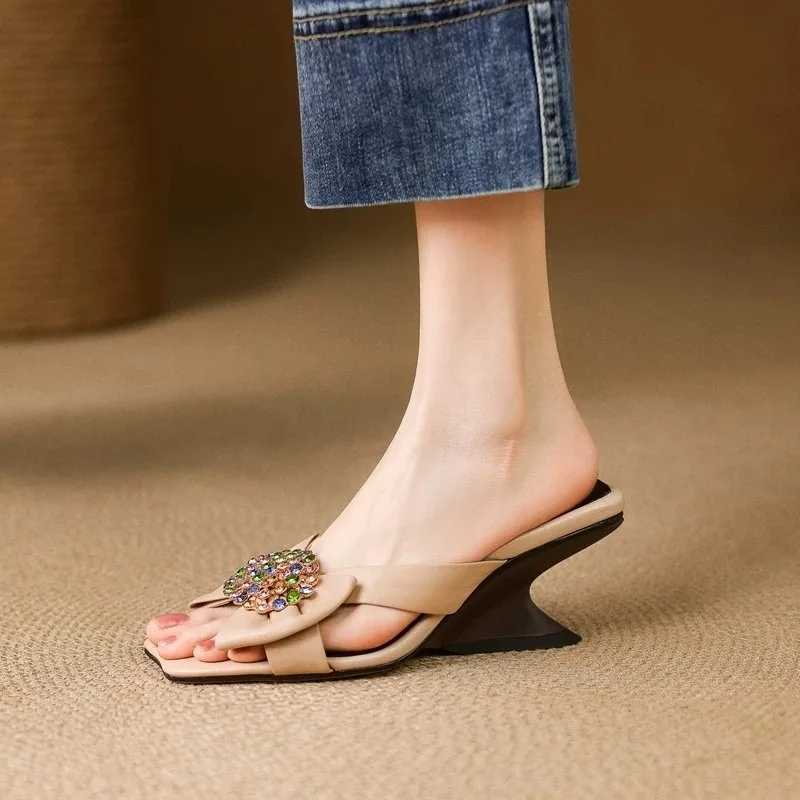 Summer Wedge Open Toe Going Out Half New Square Headpiece Diamond Bow Slip-on Anti-slip Wear-resistant Kitten Heels K260311
