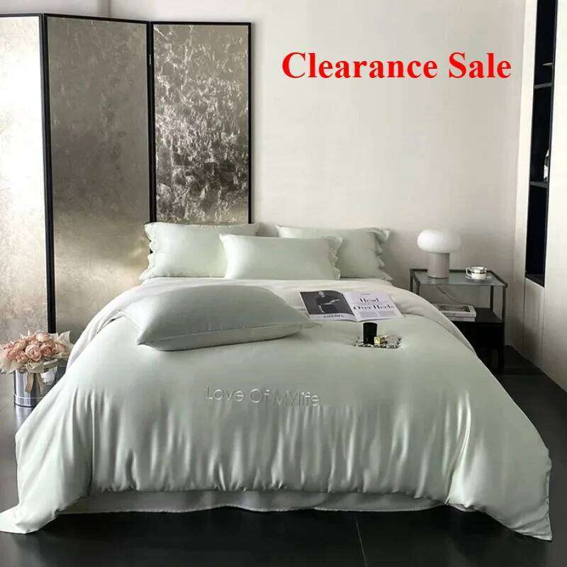 New craft ice silk printing embroidery fashionable solid color double-parcel four-piece set of sheets and bed hats H260311