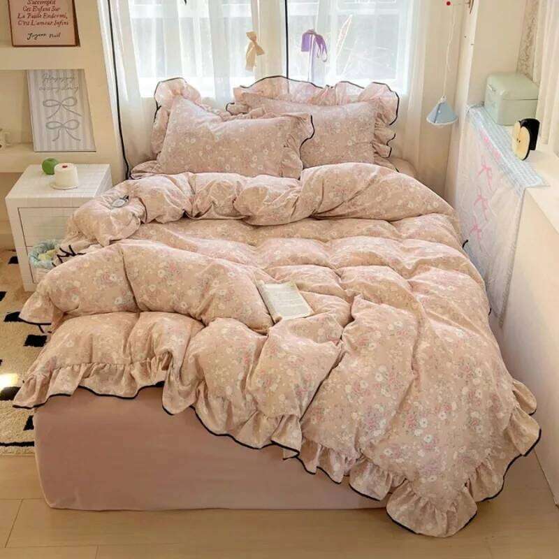 2025 new cream lace girl powder grid Korean version bed four-piece set washed cotton double-layer yarn quilt cover dormitory H260311
