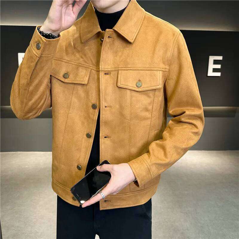 High-Grade Deerskin Velvet Padded Jacket, Men's Lapel Short Solid Color Coat Brown 26H0311