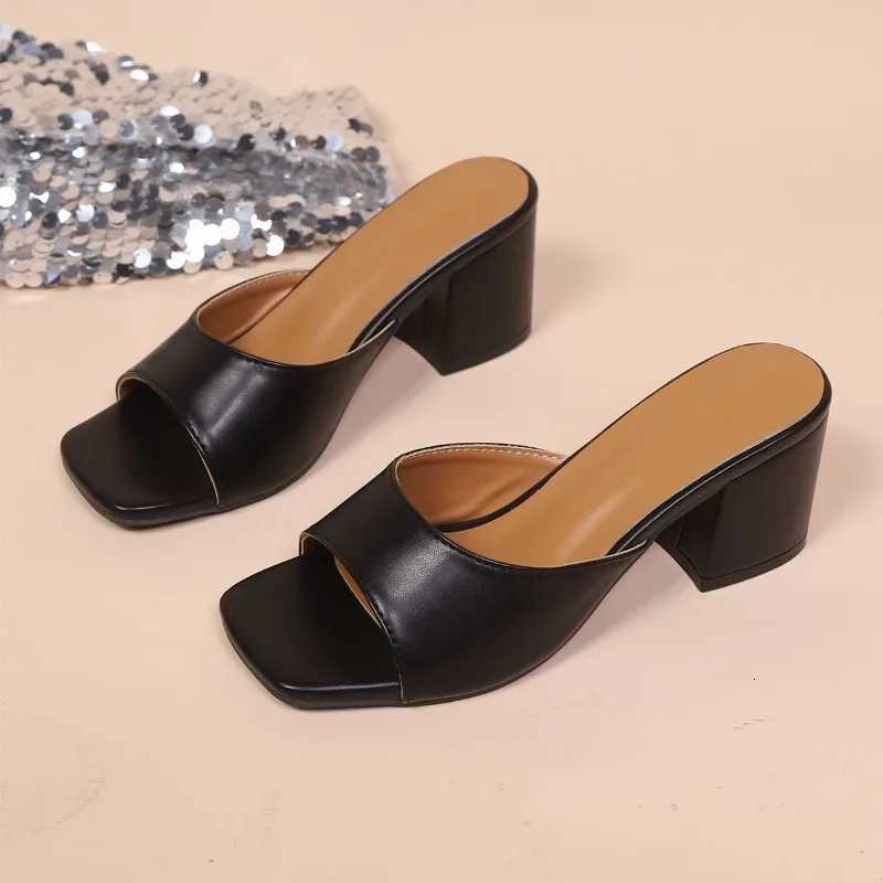 New Square Toe Womens Summer Concise Thick High Heel Slides Party Stripper Mules Female Shoes Zapatos De Mujer K260311