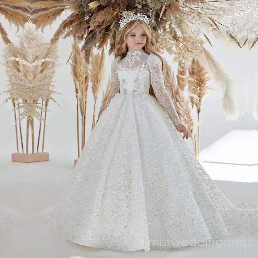 Sparkle Lace Flower Girl Bows Childrens First Communion Princess Tulle Ball Gown Wedding Party Dress