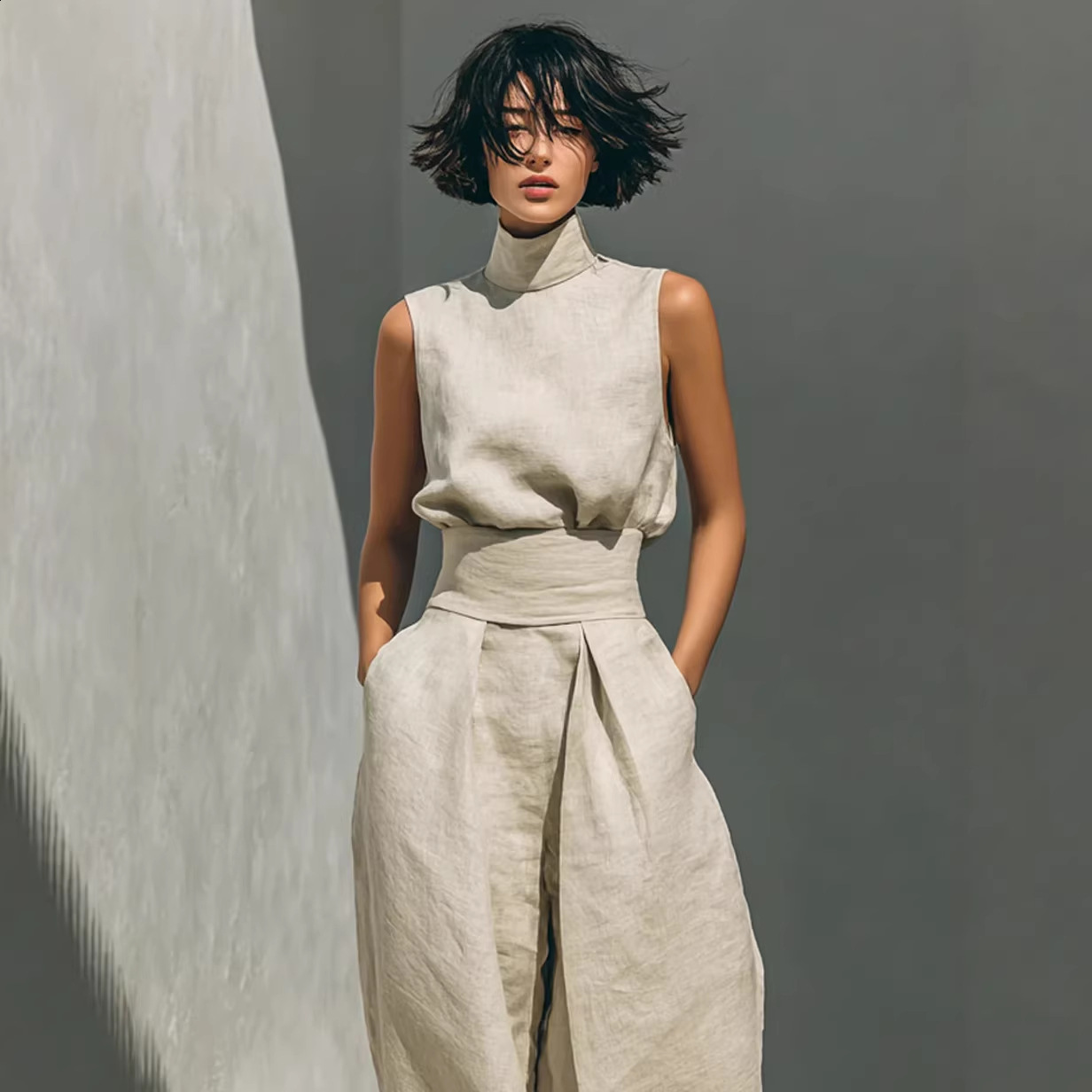 2026 Spring New Solid Color Elegant Womens Simple Cotton-Linen Blend Sleeveless Top and Wide-Leg Pants 250217