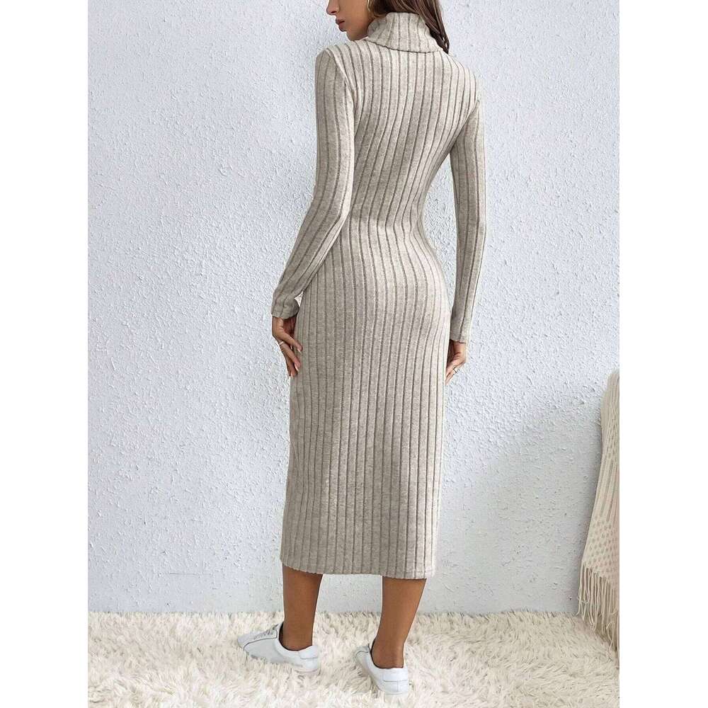 French High Collar Hollow out Side Split Ribbed Dress Elegant Classy Style Women's Fashion Z260311