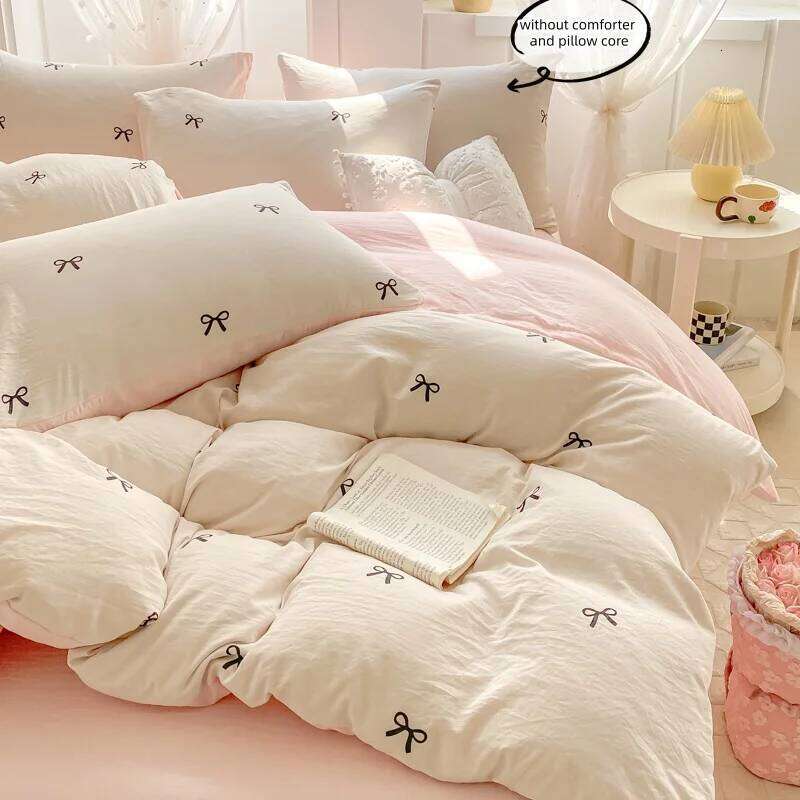 3-Piece Sheet Pink Bowknot Embroidery Duvet Cover Set, Comfortable Bedding Set Bedspread for All Seasons H260311