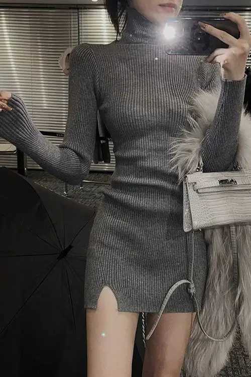 Knitted Dress Winter New Style Slit Lining High Collar Bodycon Skirt Slimming Short Dress M260311
