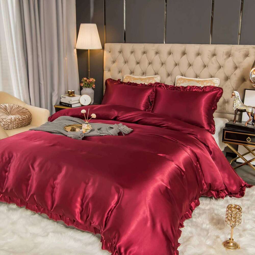 3PCS Satin Duvet Set Silk Rose red And Pink Bedding Comforter Cover Ruffle Pattern Silky Bed set Soft H260311