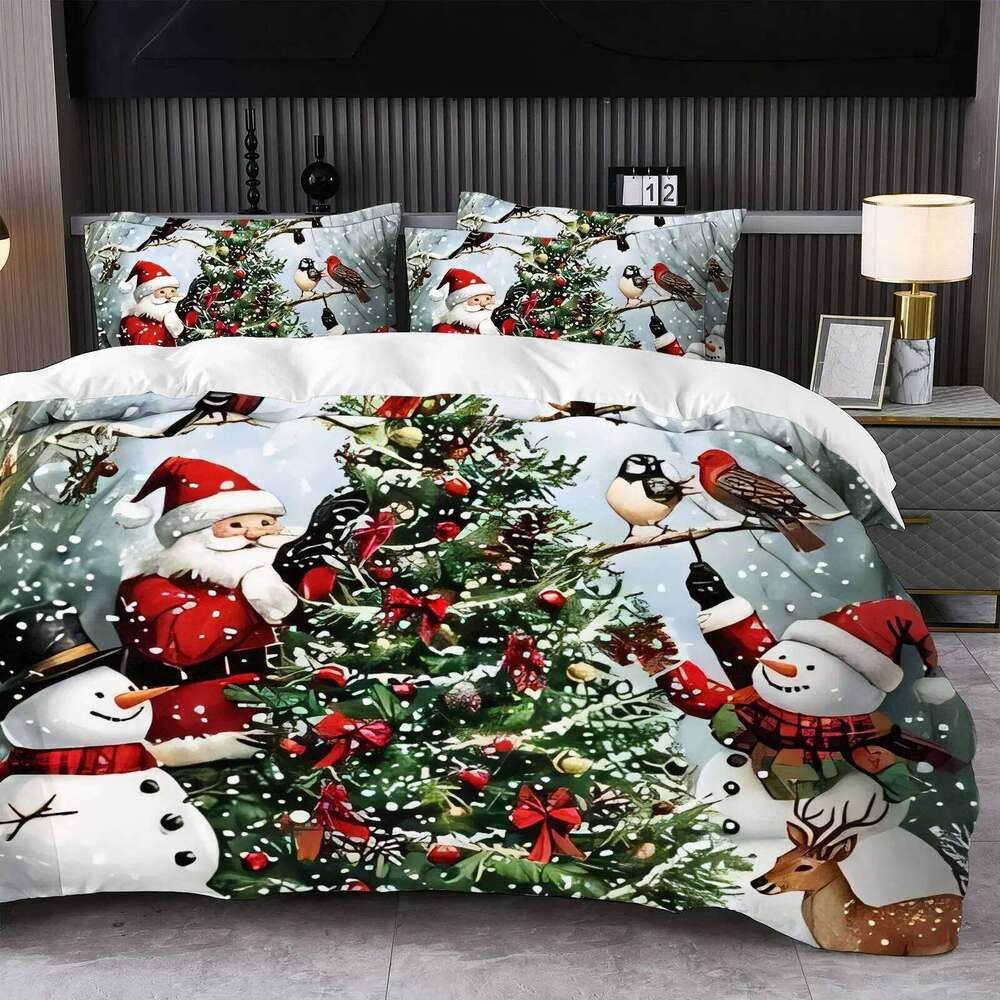 Prints Duvet Pillowcases Set Claus Reindeer Sleigh Christmas Tree Santa Hat Snowflake Pattern Quilt Cover H260311