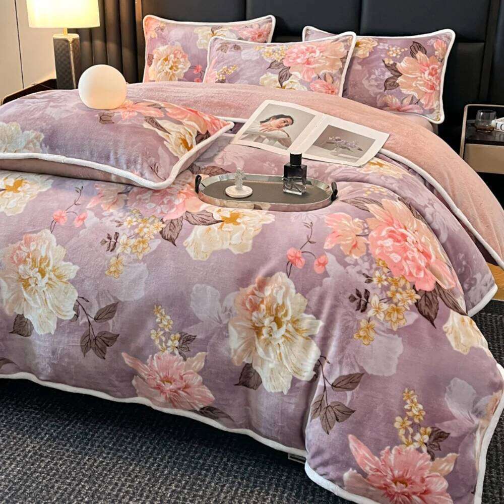 Floral Printed Winter Warm Bedding Milk Velvet Bed Sheet Double Queen Thickened Duvet Cover Pillowcase Four Piece Set H260311