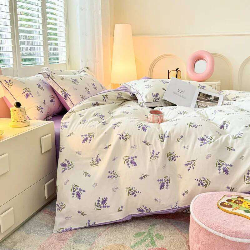 100% Cotton Lavender Print Duvet Cover 4-Piece Bedding Set H260311