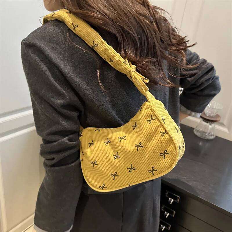Casual Bow Women Corduroy Shoulder Bags Lightweight Portable Ladies Underarm Bag Saimple Female Pleated Strap Handbags Purse XJ260311