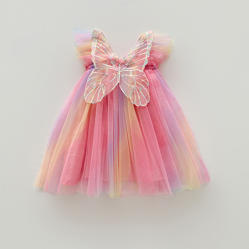 Girl Butterfly Wing Tulle Dress, Toddler Rainbow Princess Tutu for Birthday Party