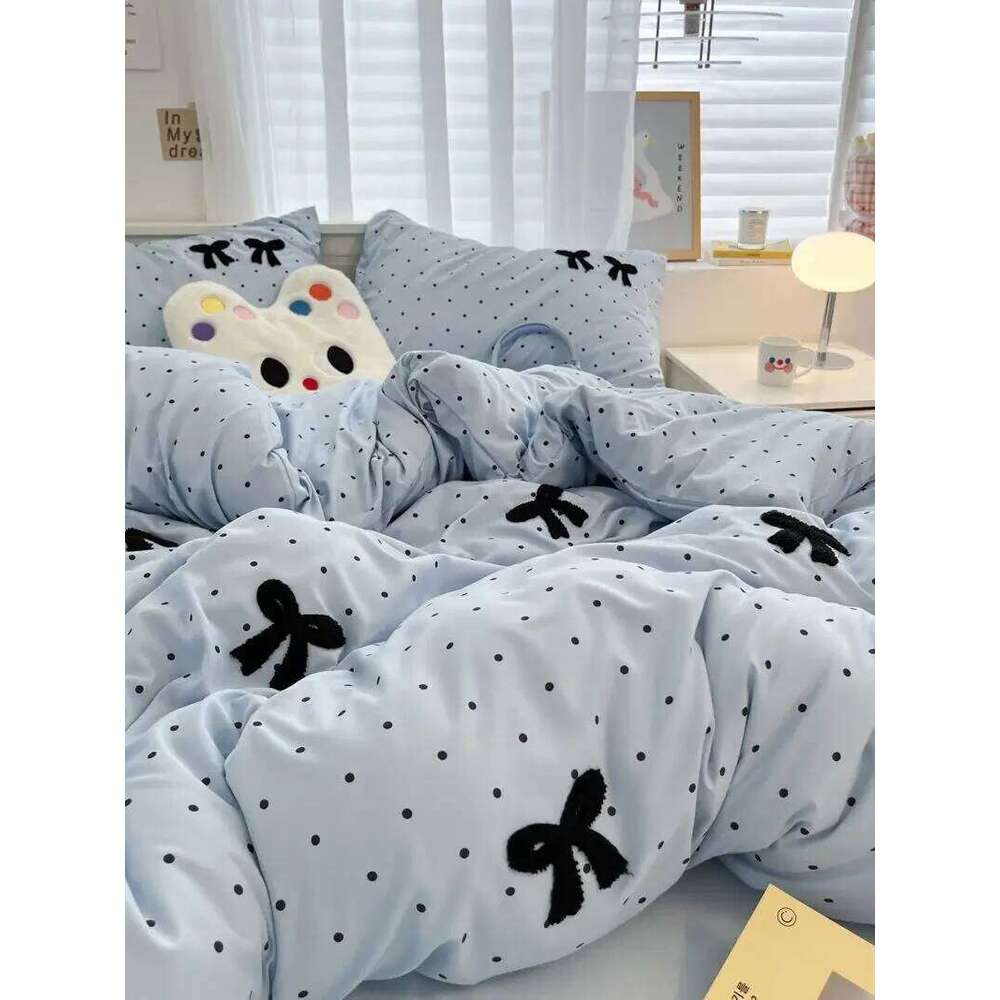 Ins Style Girl Blue 1.5m/1.8m Fitted Bow Towel Bedding Embroidery Washed Cotton Four-piece Set Bed Sheet Three-piece H260311