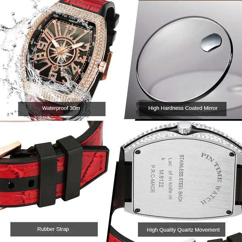 Cool Gentleman's Watch Men's Quartz Wristwatch Leather Strap Luxury Black Timepiece Diamond-Set Large-Dial Arabic Numerals
