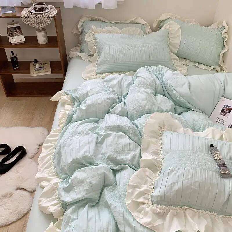 Product Spring and Summer Gentle Feng Shui Wash Cotton Wrinkled Yarn Princess Four Sets Bed Sheets Cover Student Dormitory H260311
