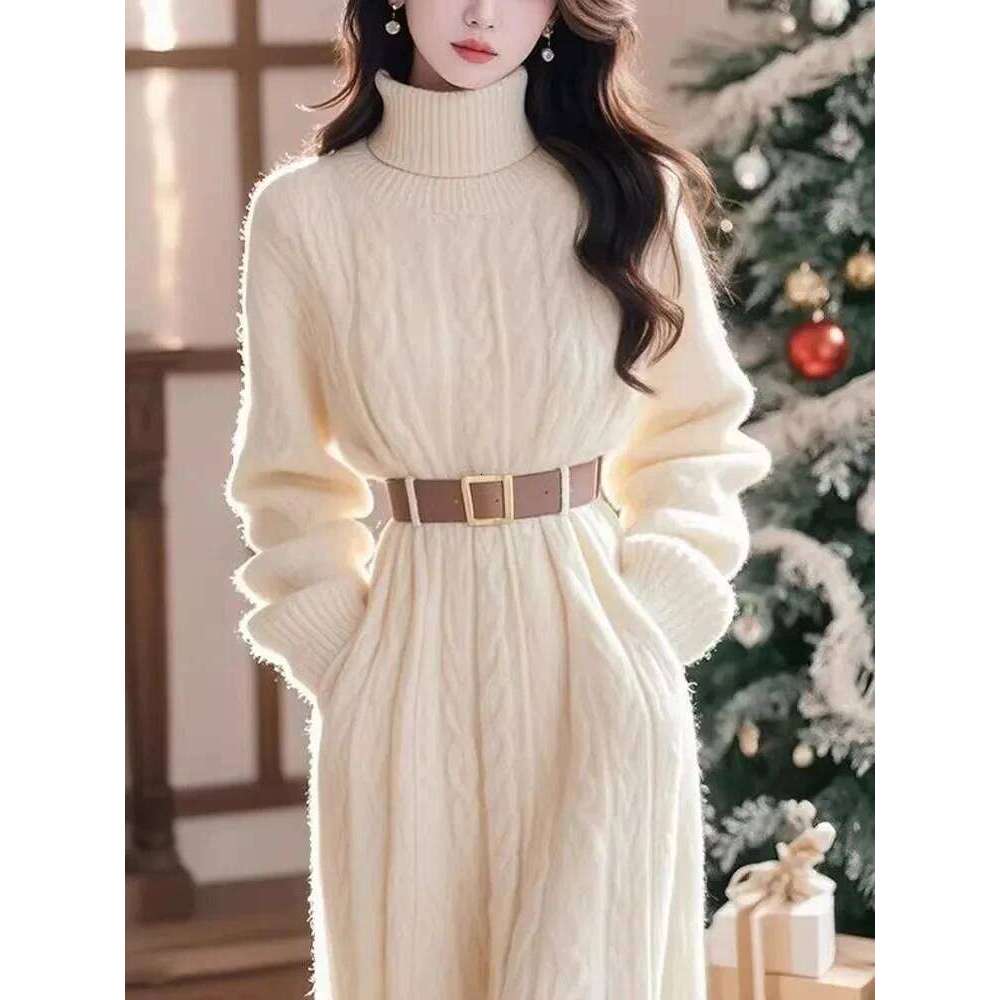 High Collar Strand Knitted Dresses Women's Chic Y2K High-End Sense Medium Wear Sweater Base Long Dress 2025 Autumn Winter New Z260311