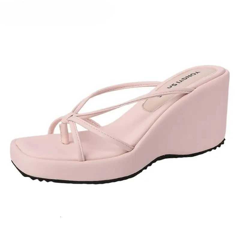 New Summer Women Wedges Heel Clip Toe Concise Narrow Band Shoes Ladies Outdoor Height Increase Party Dress Slides K260311