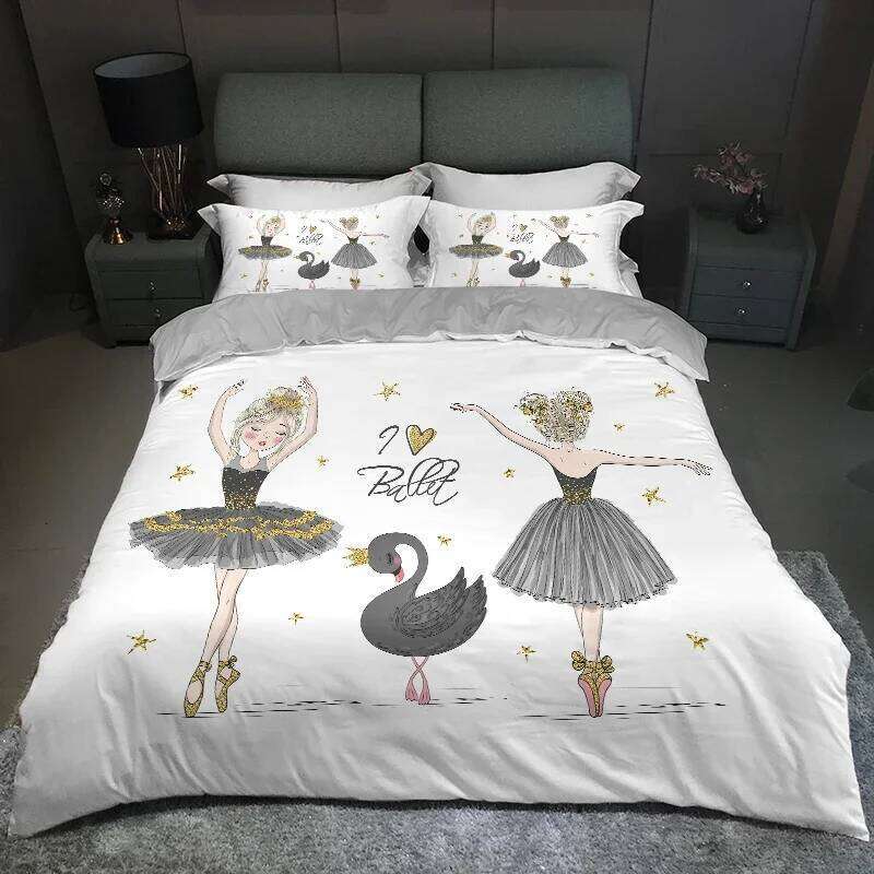Modern Lovely Princess Kids Bedding Set Twin Size Microfiber Cartoon Unicorn Swan Ballet Girl Print Duvet Cover With Pillowcases H260311