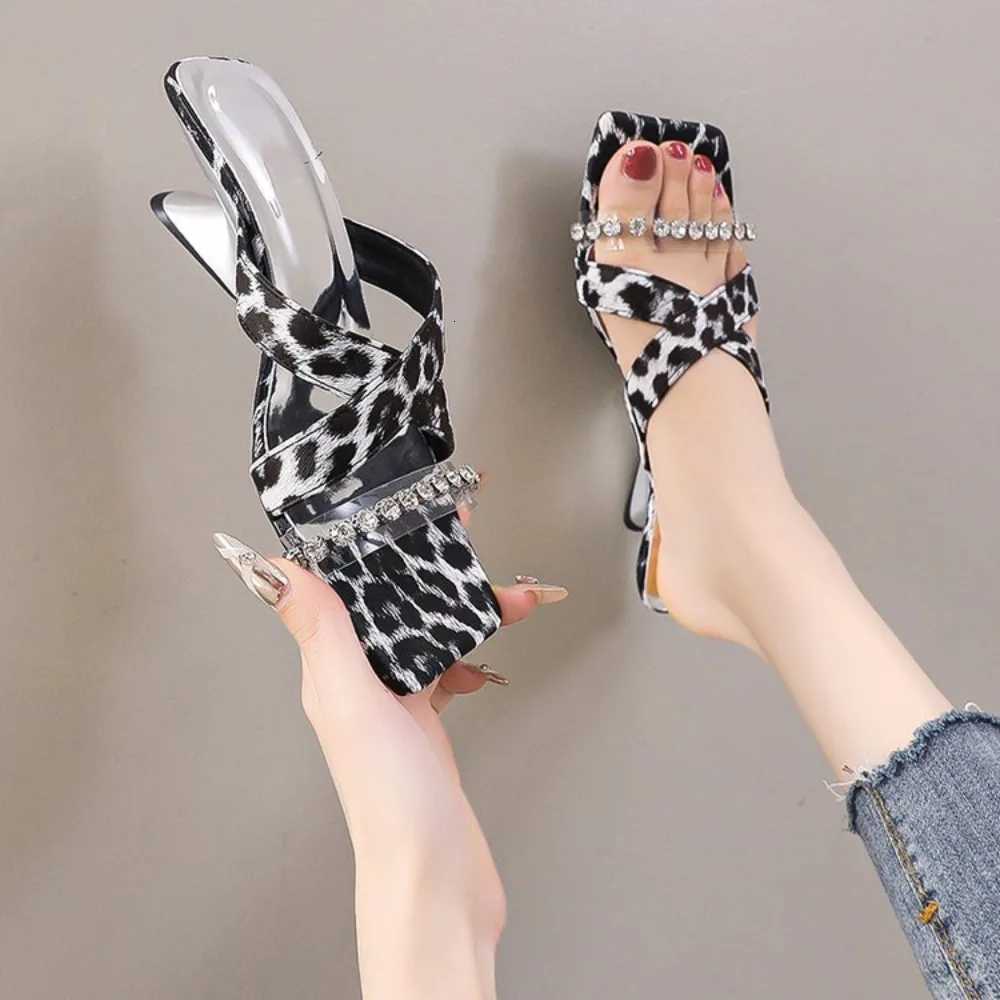 Leopard High Heels Shoes Women Sandals Party Pointed Toe Dress Shoes Summer Slippers 2025 Designer Mules New Female Pumps Slides K260311