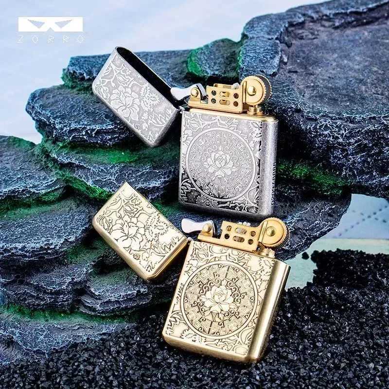 Brass Double sided Hand carved Windproof Kerosene Lighter Personalized Retro Collection Wheel ignition Lighters Smoking N260311