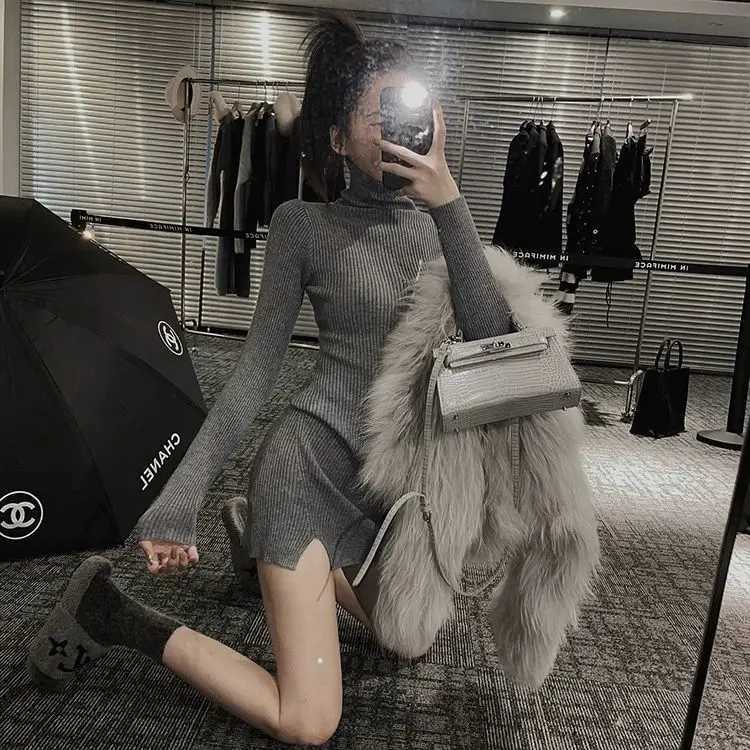 Knitted Dress Winter New Style Slit Lining High Collar Bodycon Skirt Slimming Short Dress M260311