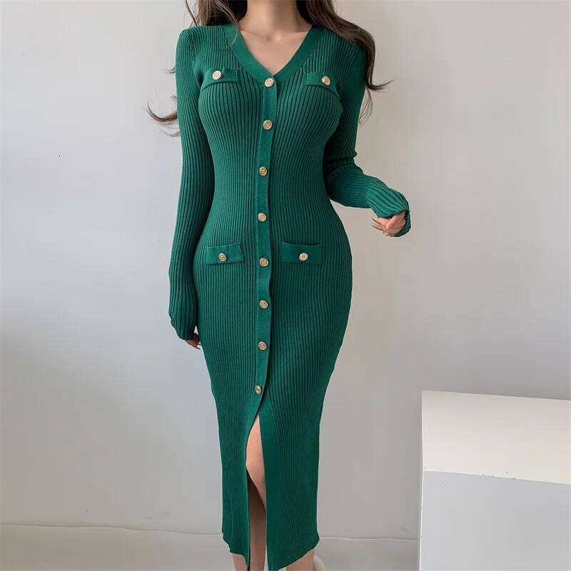 New Autumn Winter French V Neck Sleeve Single Breasted Slim Design Knitted Split Sweater Long Dress Z260311