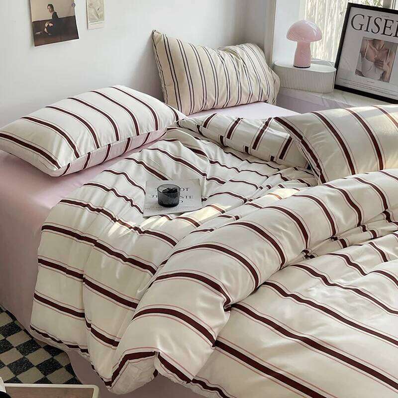 Linen Sheets Stripes Duvet Suit Set Cover Bed Sheet Quilt Queen Size INS Blogger Comforter Sets H260311