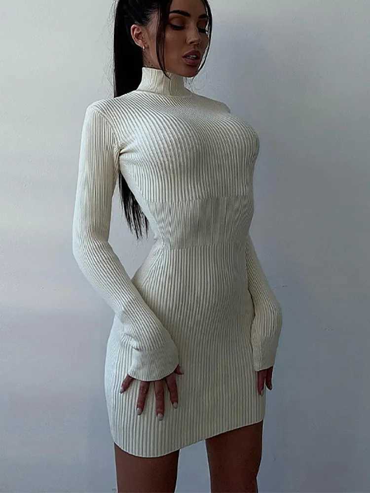 Sexy Knitted Bodycon Short Dresses Women Elegant White Hollow Sweater Dress Autumn Winter Fashion Basic New In Dresses 2025 M260311
