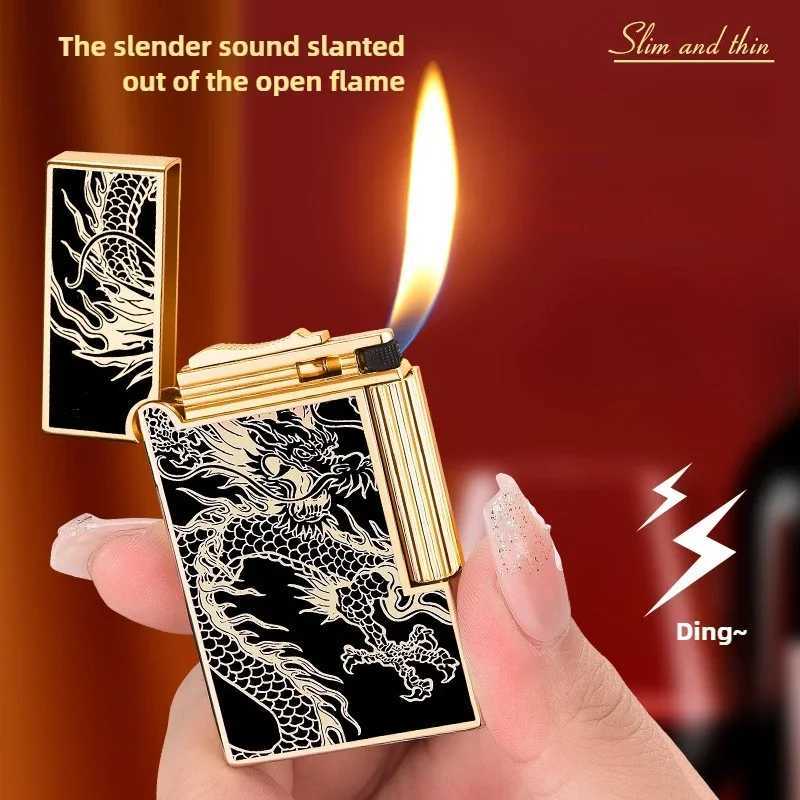 Slim Steel Sounding Light Luxury Retro Lighter Inflatable Open Flame Side Sliding Grinding Wheel Inclined Fire Metal Lighter N260311