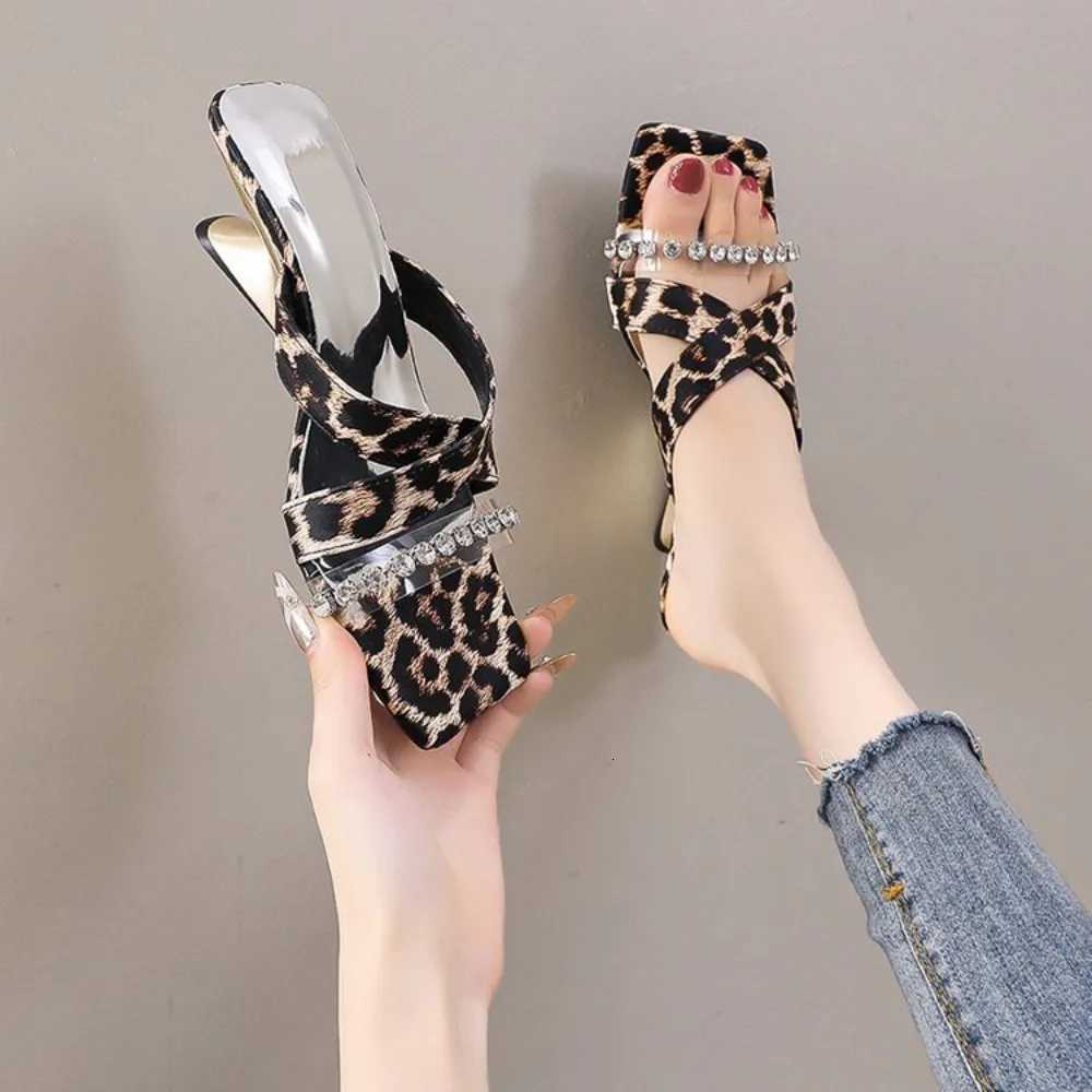 Leopard High Heels Shoes Women Sandals Party Pointed Toe Dress Shoes Summer Slippers 2025 Designer Mules New Female Pumps Slides K260311