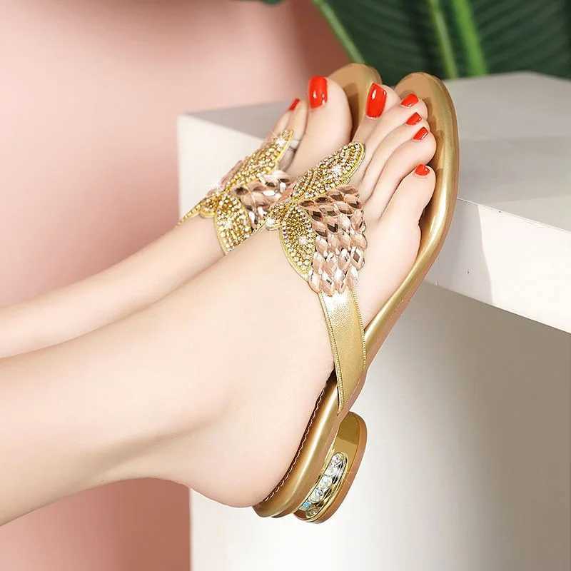 Water Diamond for Women Summer Outwear Bohemian Beach Shoes Low Heel Holiday Flip Flops Sandals K260311