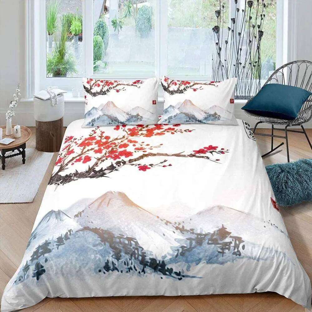Japanese-Style Duvet Set for Girl Polyester Mount Fuji Comforter Cherry Blossoms Flower Ink Hand Painted Quilt Cover H260311