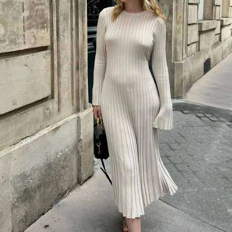 Women Elegant Solid Pleated Knitted Maxi Dress Casual Round Neck Long Sleeve Lace Up Dresses Autumn Lady High Street Robes Z260311