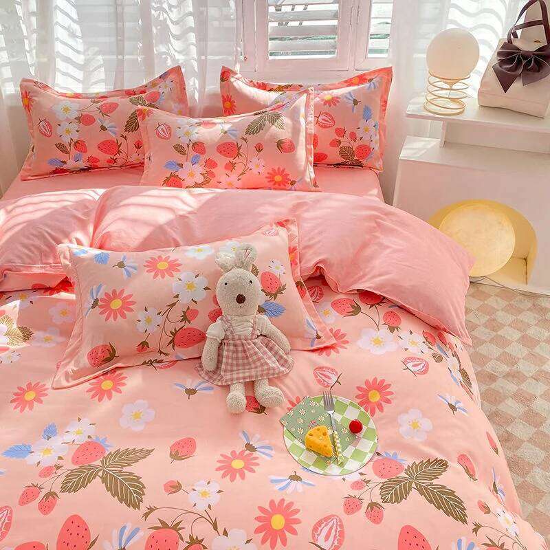 Ins Orange Checkerboard Duvet Cover Flat Sheet Pillowcases Twin Full Double Size Pink Blue Bedding Set Home Decor For Kids Adult H260311 - view 5
