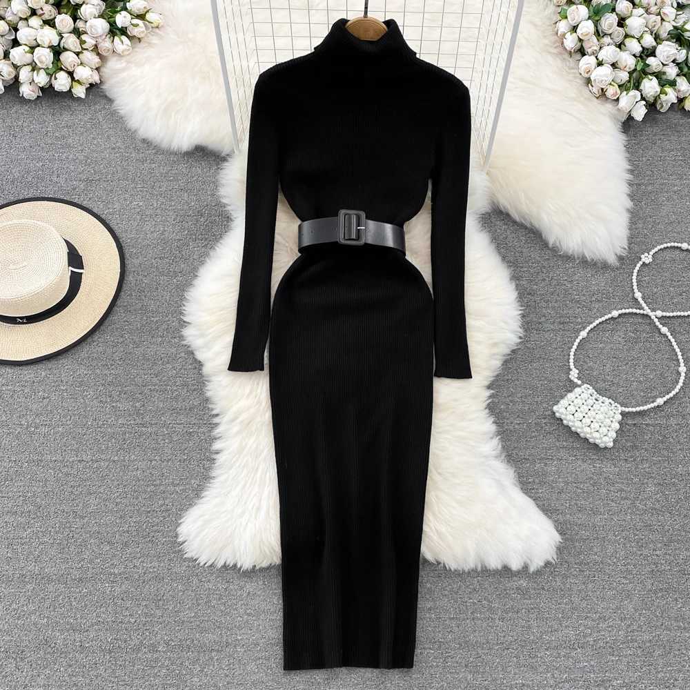 REALEFT Autumn Winter 2025 New Turtleneck Womens Knitted Dresses with Belted Long Sleeve Elegant Bodycon Wrap Dress Female M260311