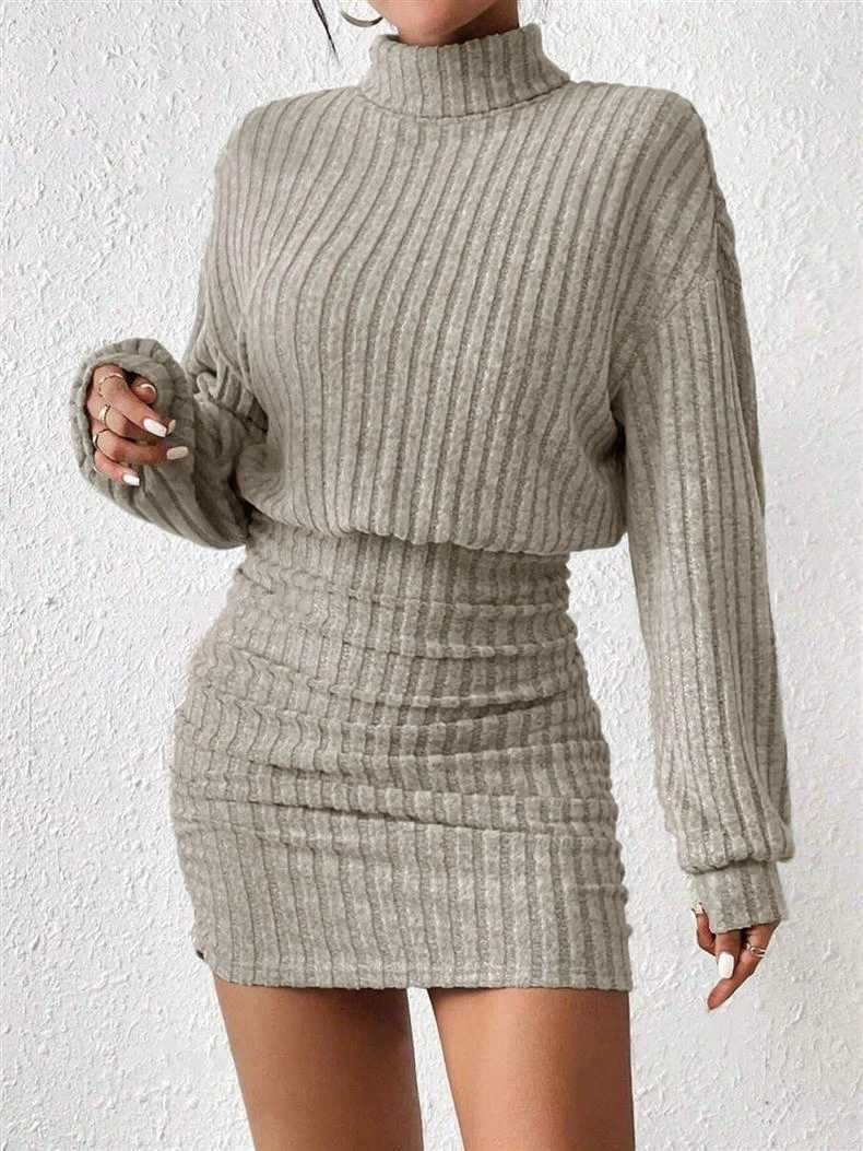 025 Autumn Womens Turtleneck Rib Knit Dress Long Sleeve Bodycon Ruched Mini Dress M260311