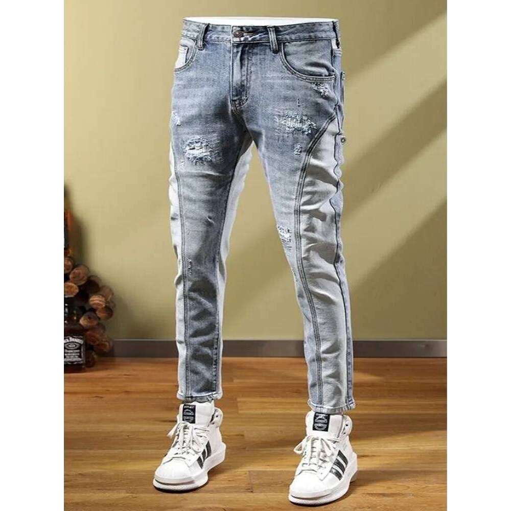 2024 Spring and Autumn Fashion Ripped Straight Stretch Jeans Men's Casual Slim Comfortable High Quality Small Feet Pants 28-36 Z260225