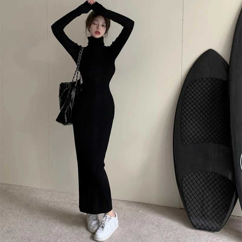 Sexy Black Turtleneck Knitted Bodycon Dress Women Long Sleeve Sweater Dress Woman Korean Bottoming Long Dresses Office Lady M260311