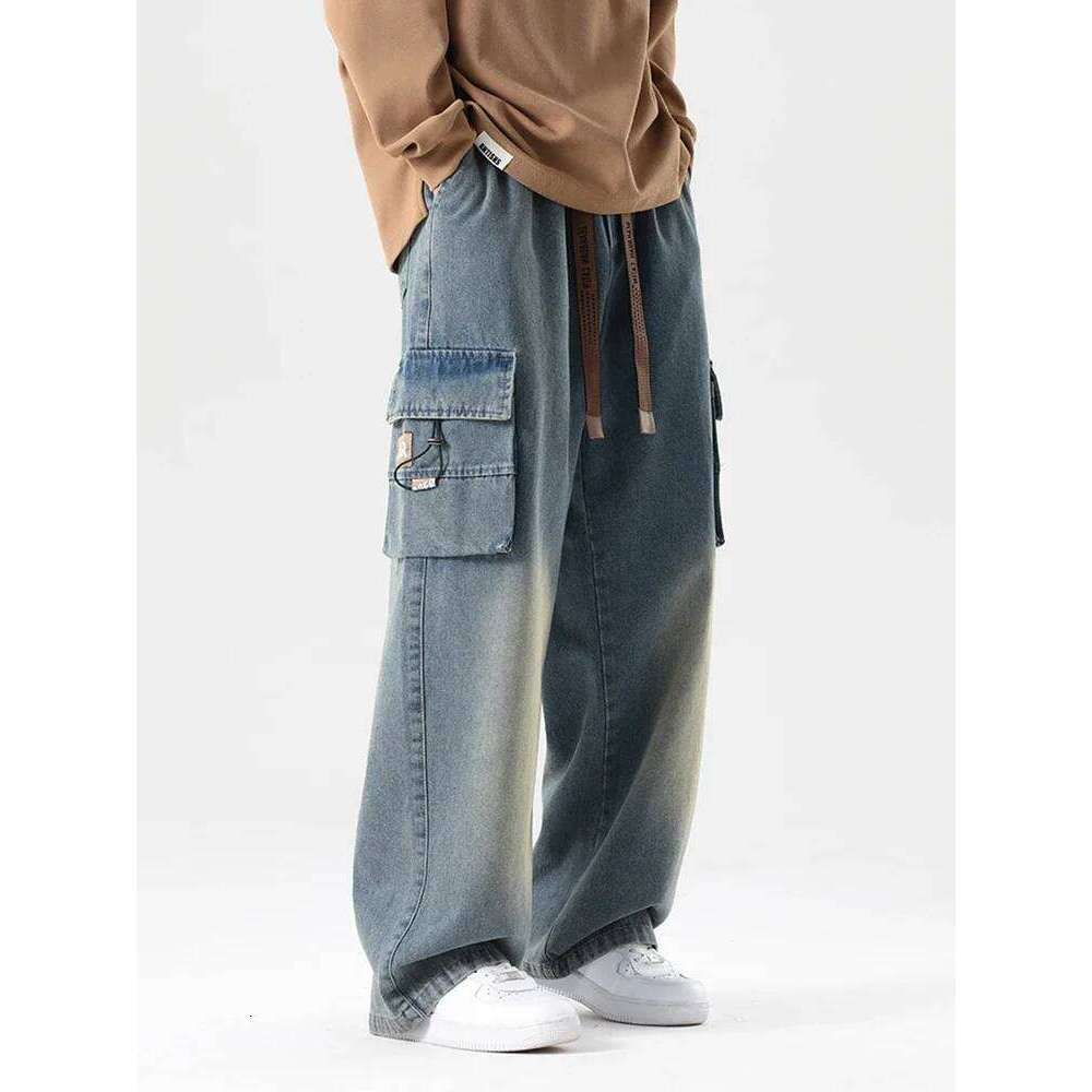 Autumn New Men's Cargo Jeans Big Pocket String Banding Wide Baggy Denim Pants Drawstring Straight Casual Jean Trousers Z260225