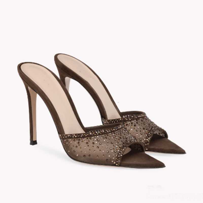 Silk Rhinestone Bling Pointed Toe Women Sandals Thin High Heel Solid Color Slip On Fashion Western Style Sexy Party Female Shoes K260311