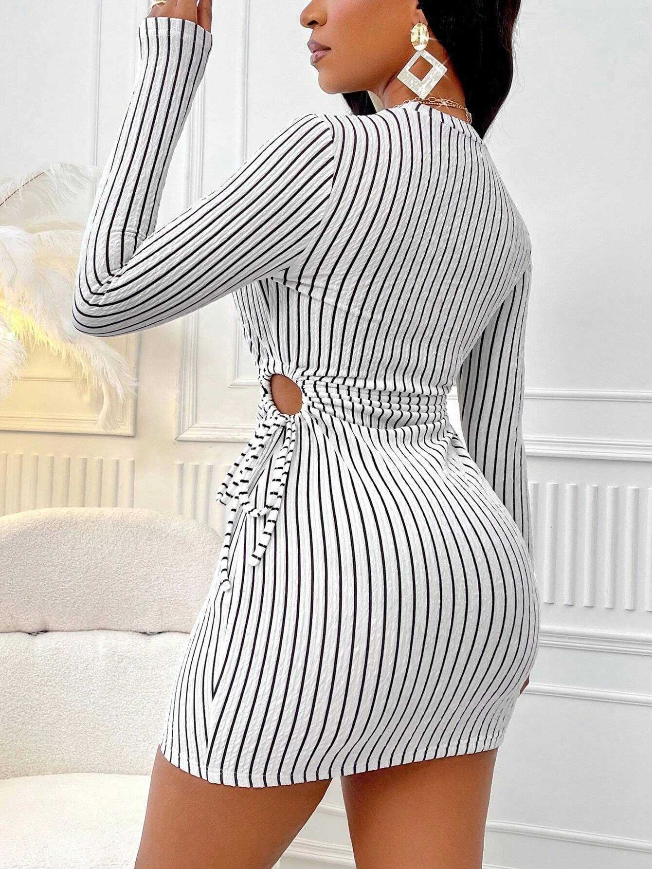 Womens Striped Knit Long Sleeve Dress Waist Cut Out Tie Design Slim Fit Elegant Fall Winter Fashion Moderate Fabric Thickn M260311