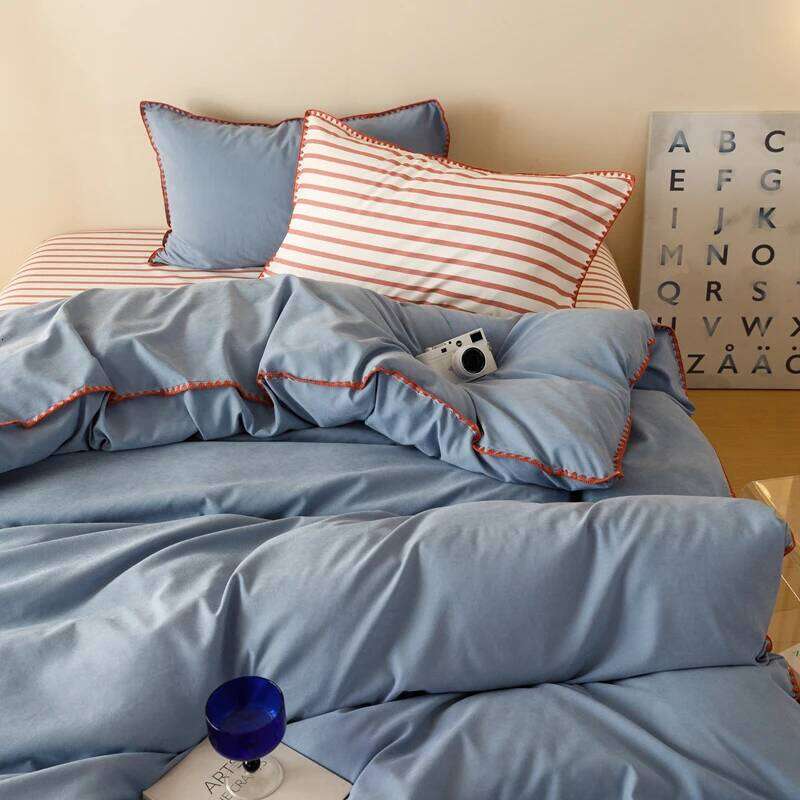 Blue Protein Durable Washed Cotton Bedding Set Striped Color Block Shell Embroidery Comforter Cover with Standard Pillowcases H260311