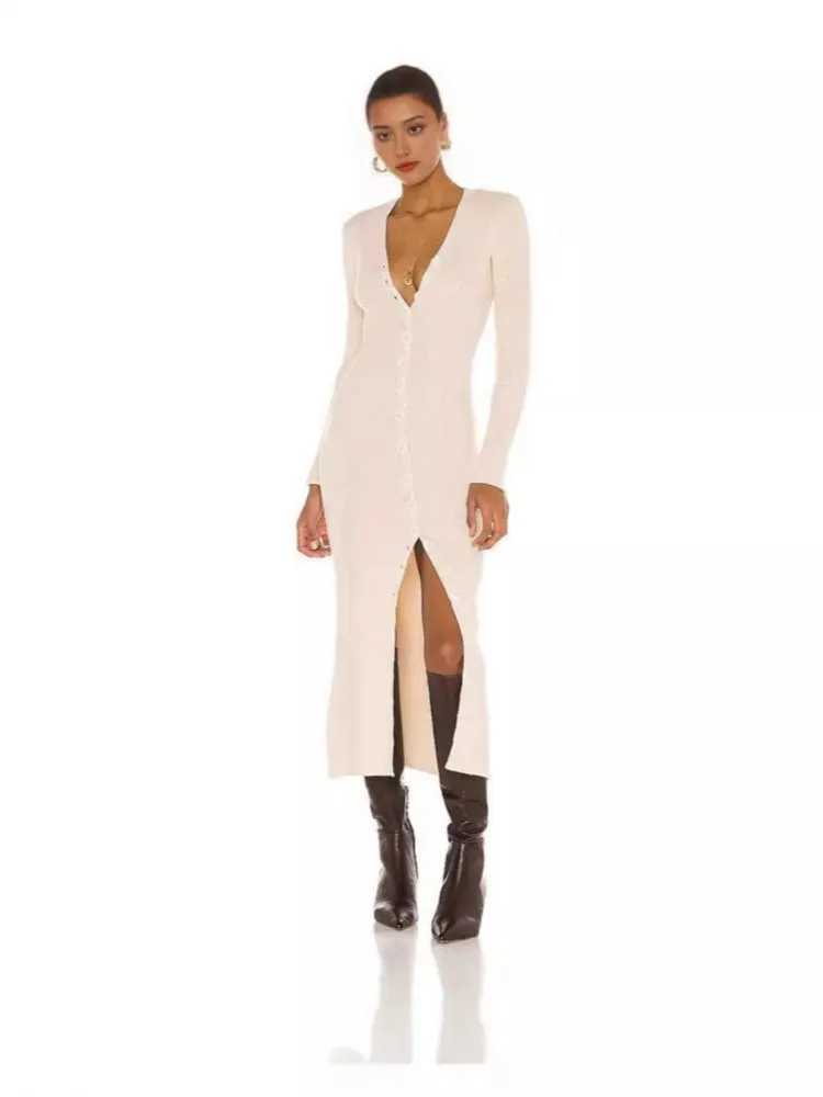 Sexy V-Neck Knitted Long Dress For Women Fashion Casual Elegant Bodycon Button Solid Color Long Sleeve Party Beach Maxi Dresses M260311