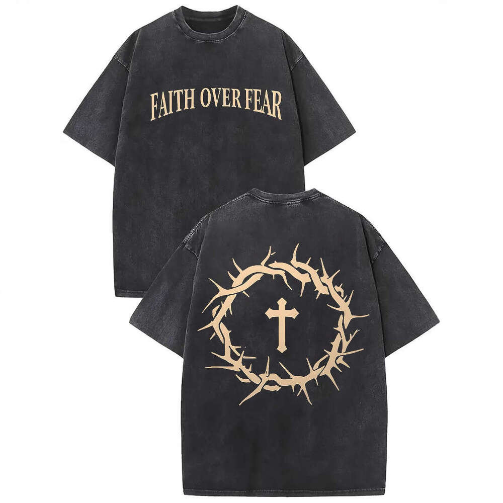 Washed Vintage Cotton T-Shirt Crown of Thorns &Cross Print Faith Over Fear Slogan Trendy Men's American Street Over sized Short Sleeve