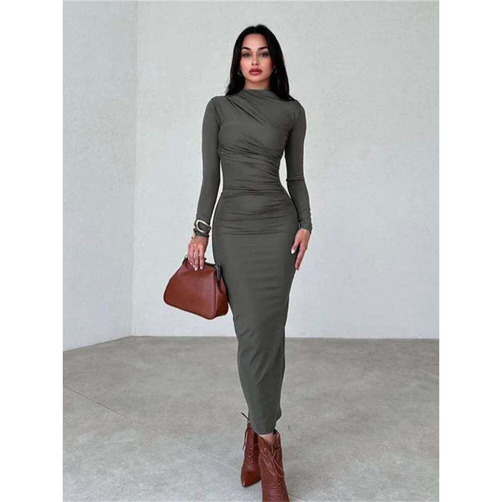 NIBBER Women's Elegant Solid O-neck Patchwork Maxi Dress Full Long Sleeves Body-shaping Robe Lady Evening Attirewear Vestidos Z260311