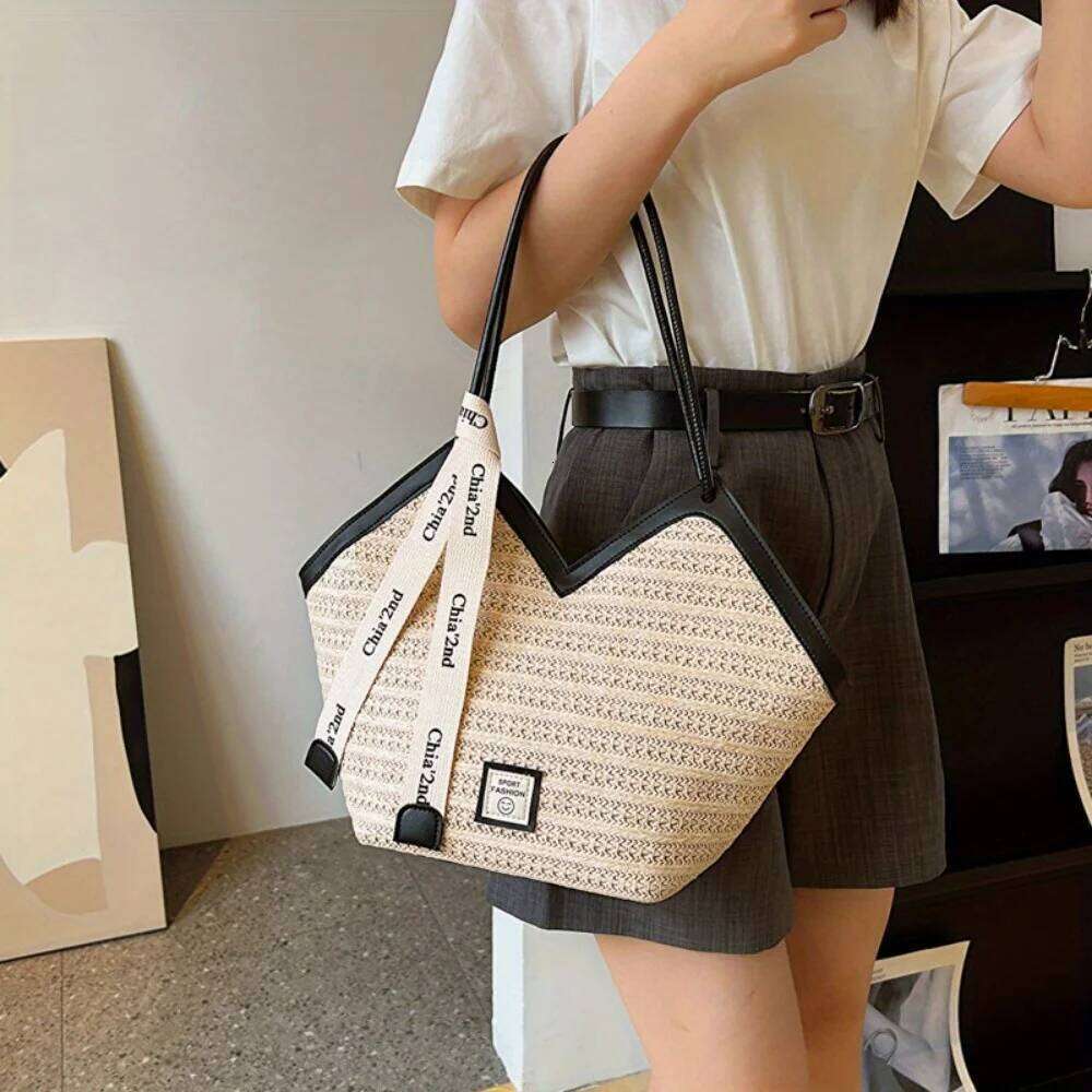 Chic Straw Beach Tote Women Lightweight Woven Handbag Shoulder Bag Perfect for Summer Vacations, Pool Days, Travel XJ260311