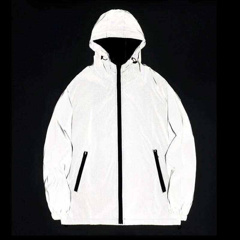 NEW SIZE Night Reflective Jackets Double Fabric Windbreaker Hooded Jacket Men Hip Hop Dancer Waterproof Zipper Coats Outwear 26H0311