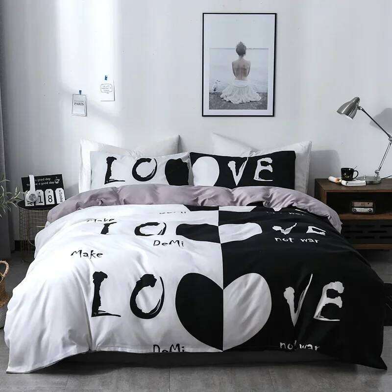 Love Heart Bedding Set Simple Plaid Duvet 200x200 Pillowcase Single Double Queen King Nordic Couple Bed Cover Bedclothes H260311